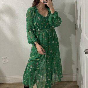 THE KOOPLES Silk Long‎ Dress Green Floral (no Slip) Size Small S